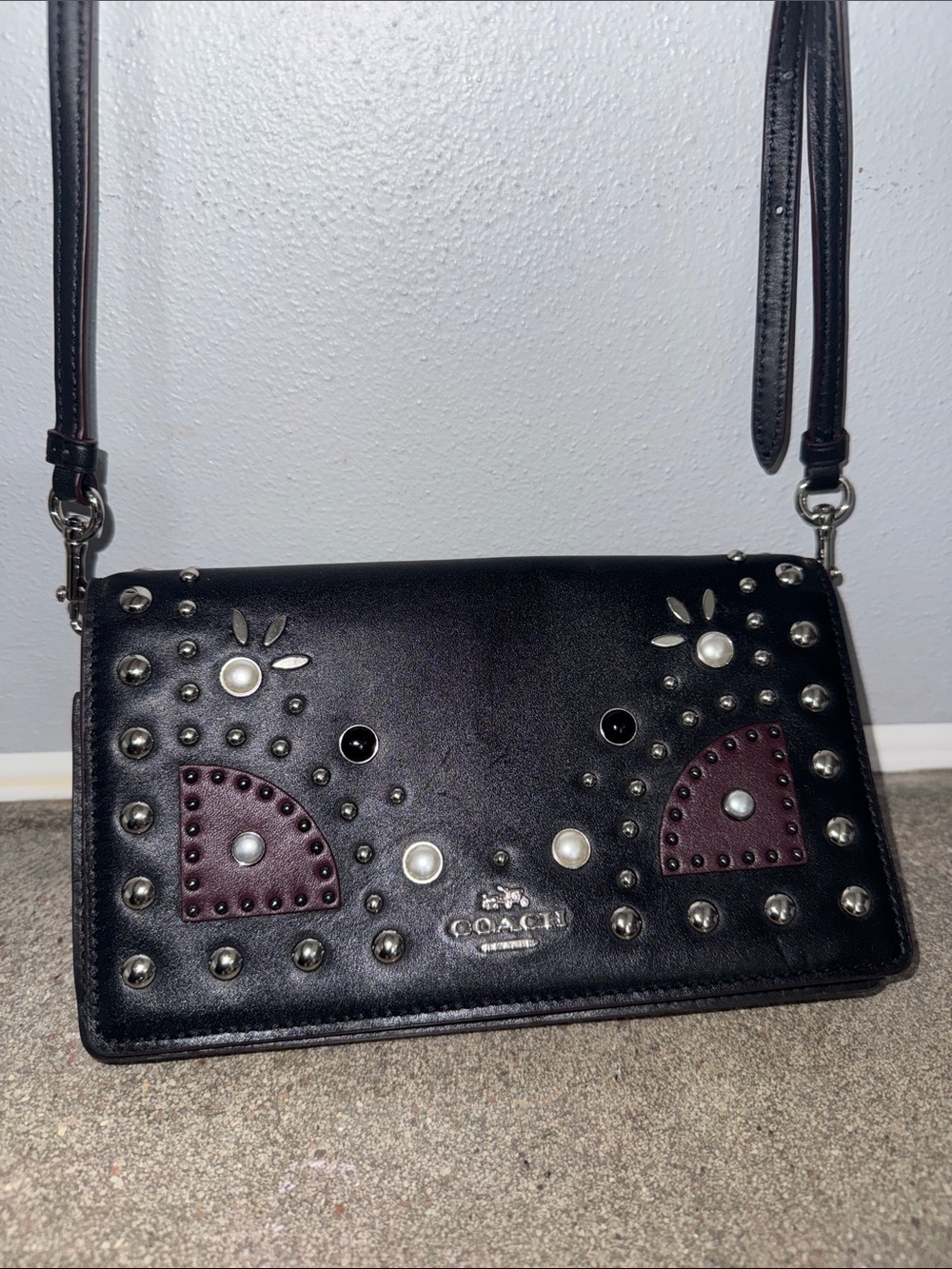 Coach 1941 Western Rivets Foldover Crossbody Wallet Black Studded Leather Bag - Picture 2 of 14